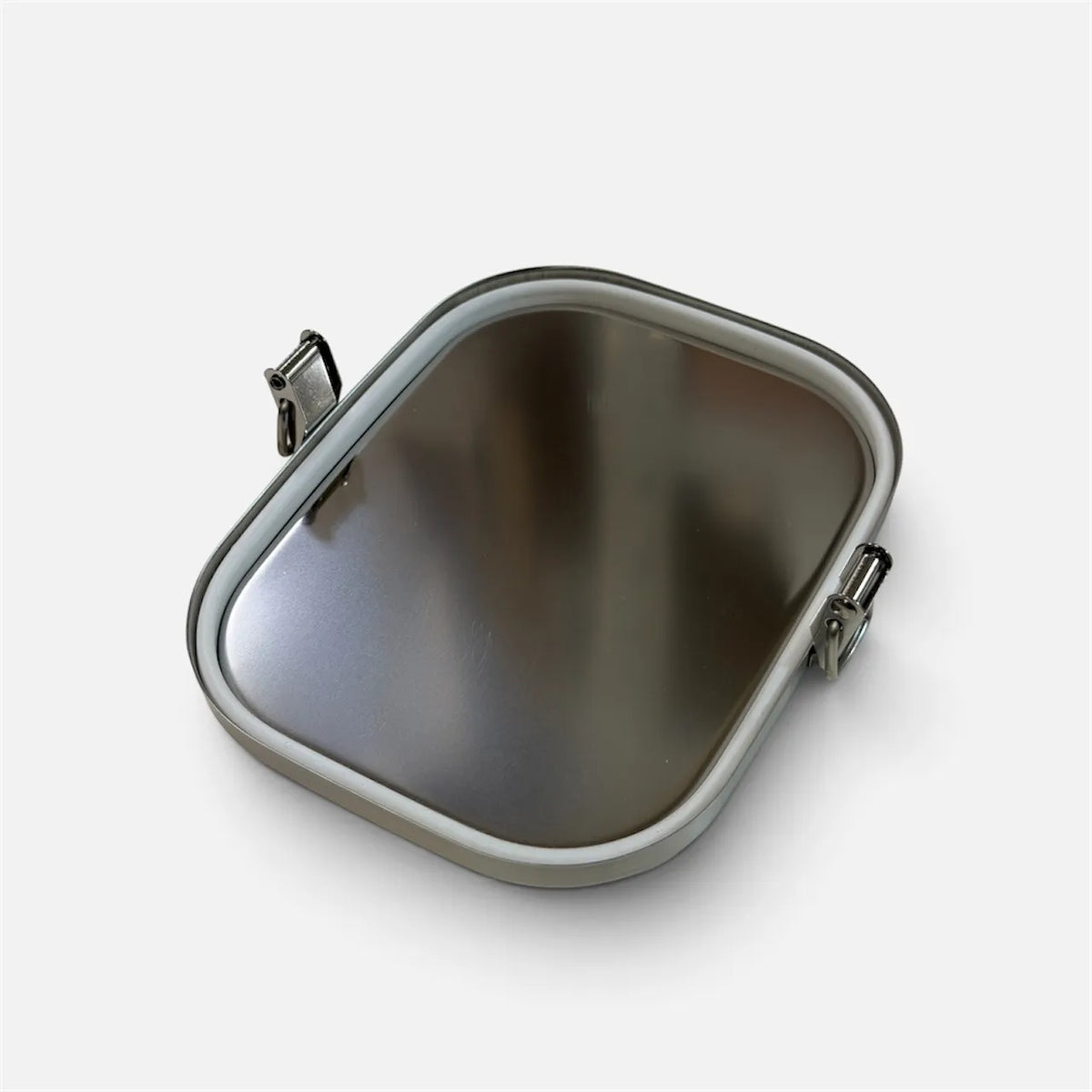 Stainless steel lunch box lid with side clips, top view