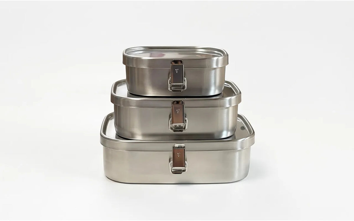 Three sizes of the stainless steel lunch box stacked