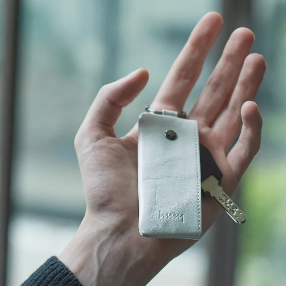 Holding a light gray hmny key case
