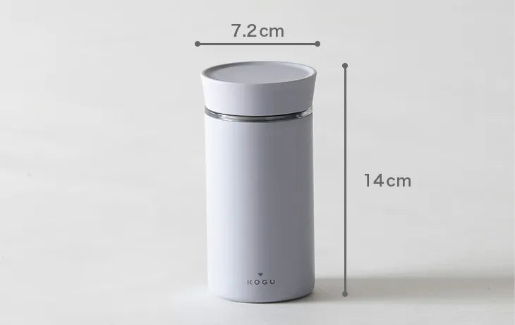Insulated mug bottle dimensions: 7.2 cm diameter, 14 cm high