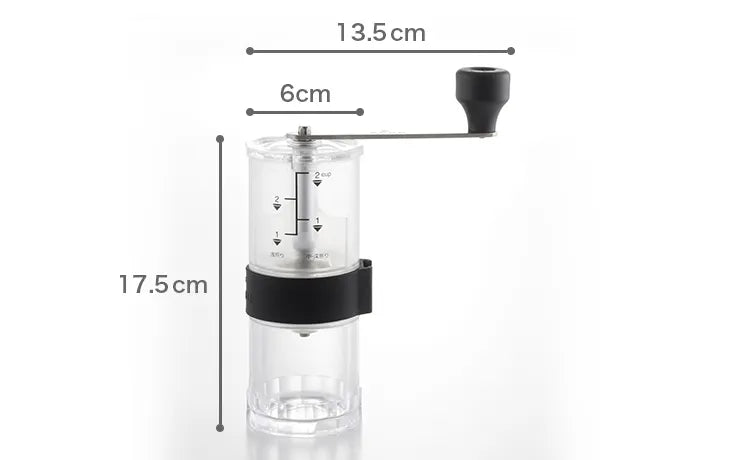 Manual coffee mill dimensions: 13.5 cm wide, 17.5 cm high