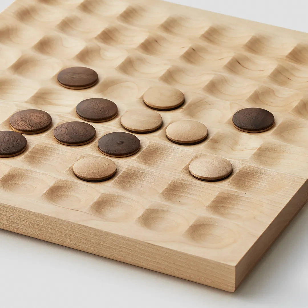 Close-up of the carved board with walnut and birch pieces
