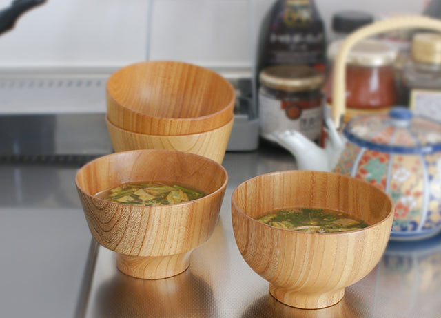 ISHIZUE wooden bowls with miso soup on the kitchen counter