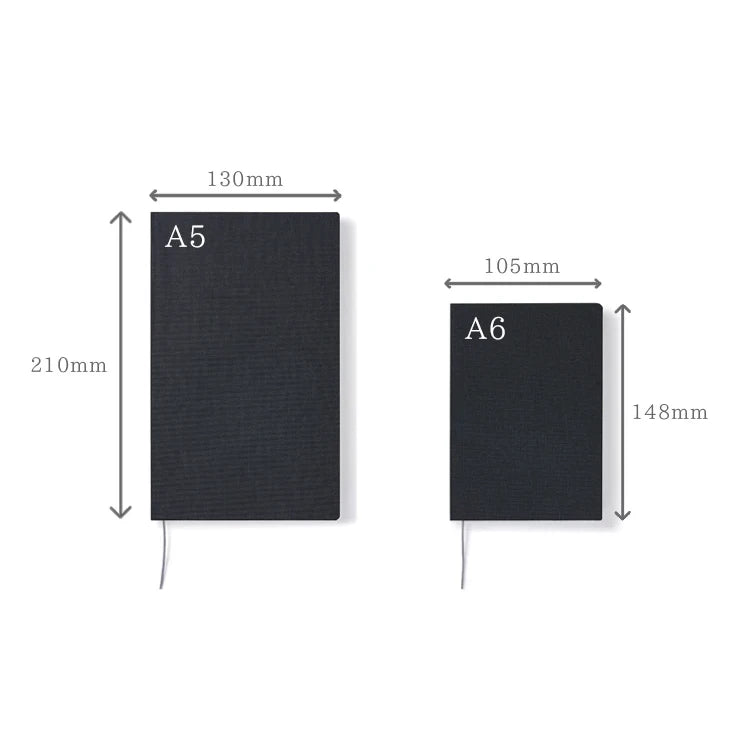 Notebook sizes: A5 210 × 130 mm, A6 148 × 105 mm