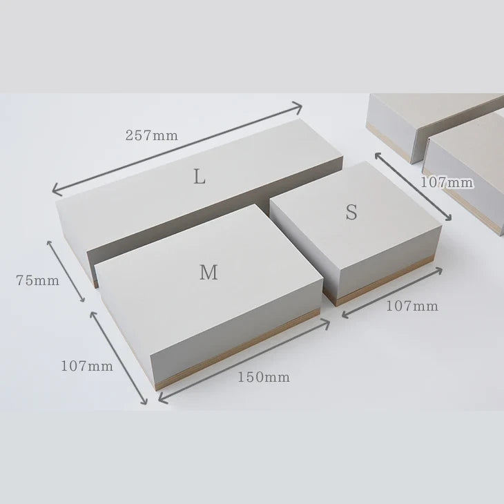 Memo block sizes: S 107 × 107 mm, M 150 × 107 mm, L 257 × 75 mm