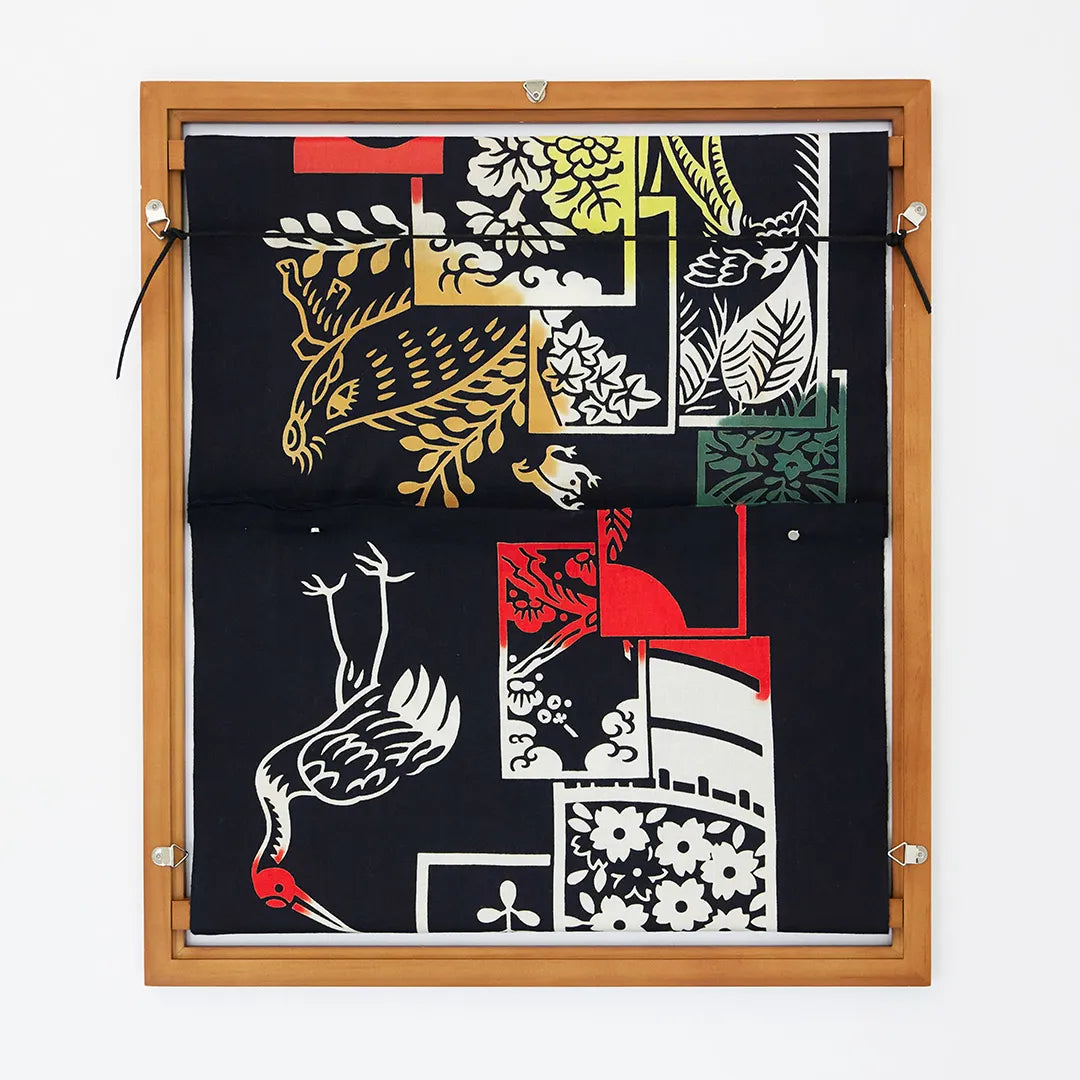 Crane and pine tenugui displayed in the magnetic frame, secured with magnets