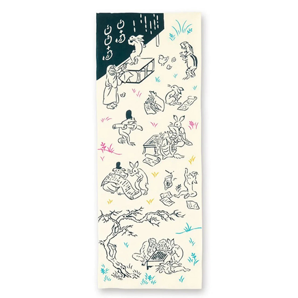 Chōjū-giga tenugui, School design: frolicking frogs, rabbits and monkeys
