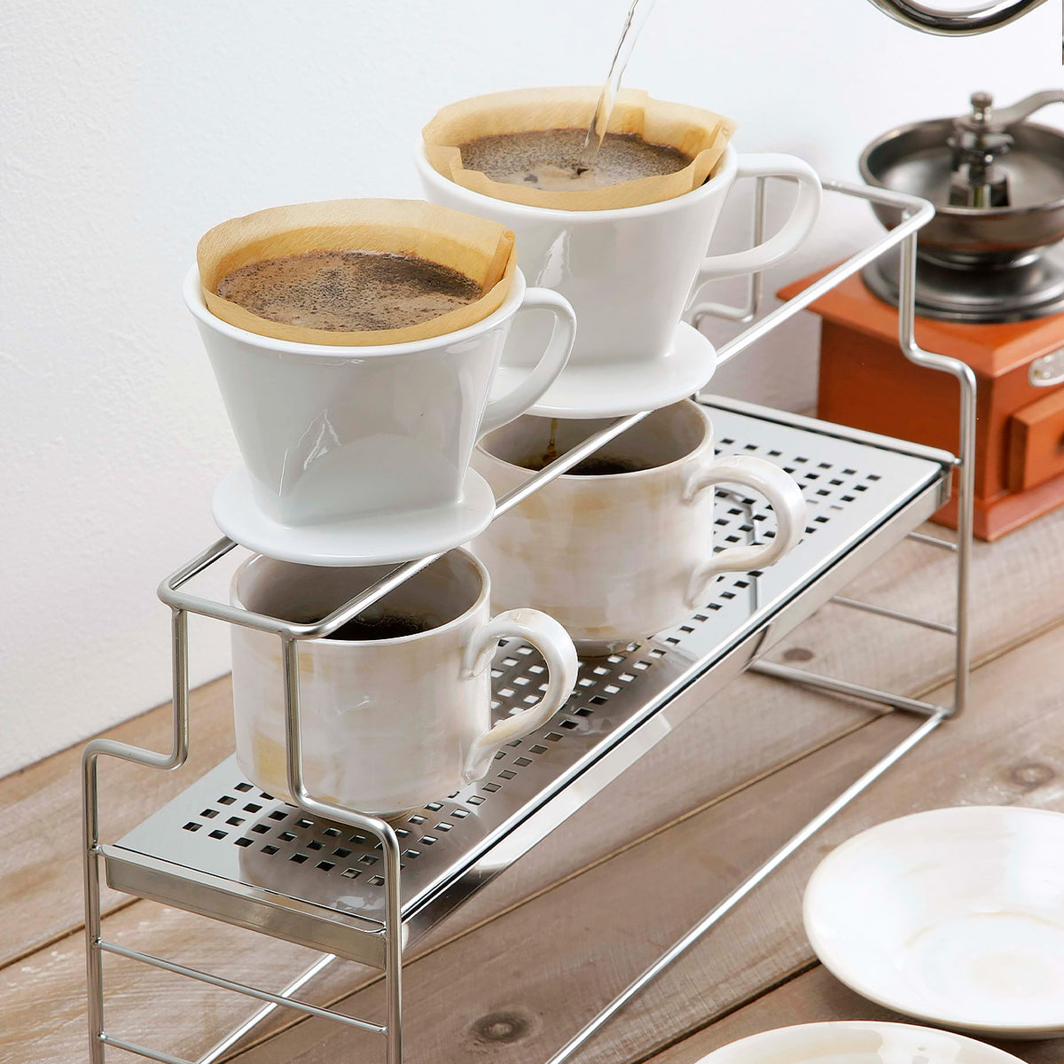 Brewing three cups at once on the dripper stand