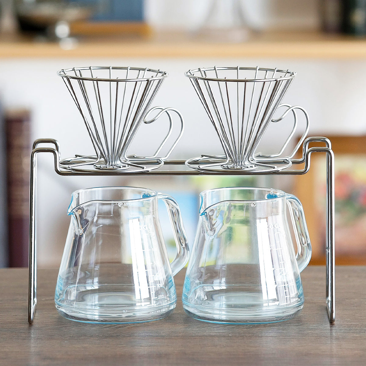 Double dripper stand holding two wire drippers over glass servers