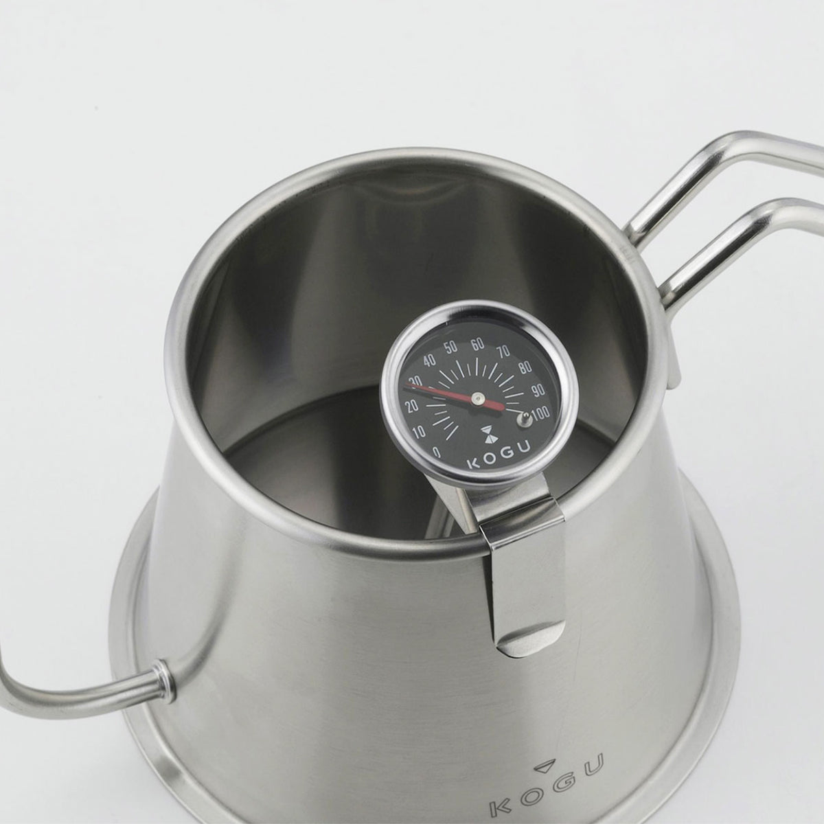Thermometer set in the steam hole of the Two Drip Pot Pro lid