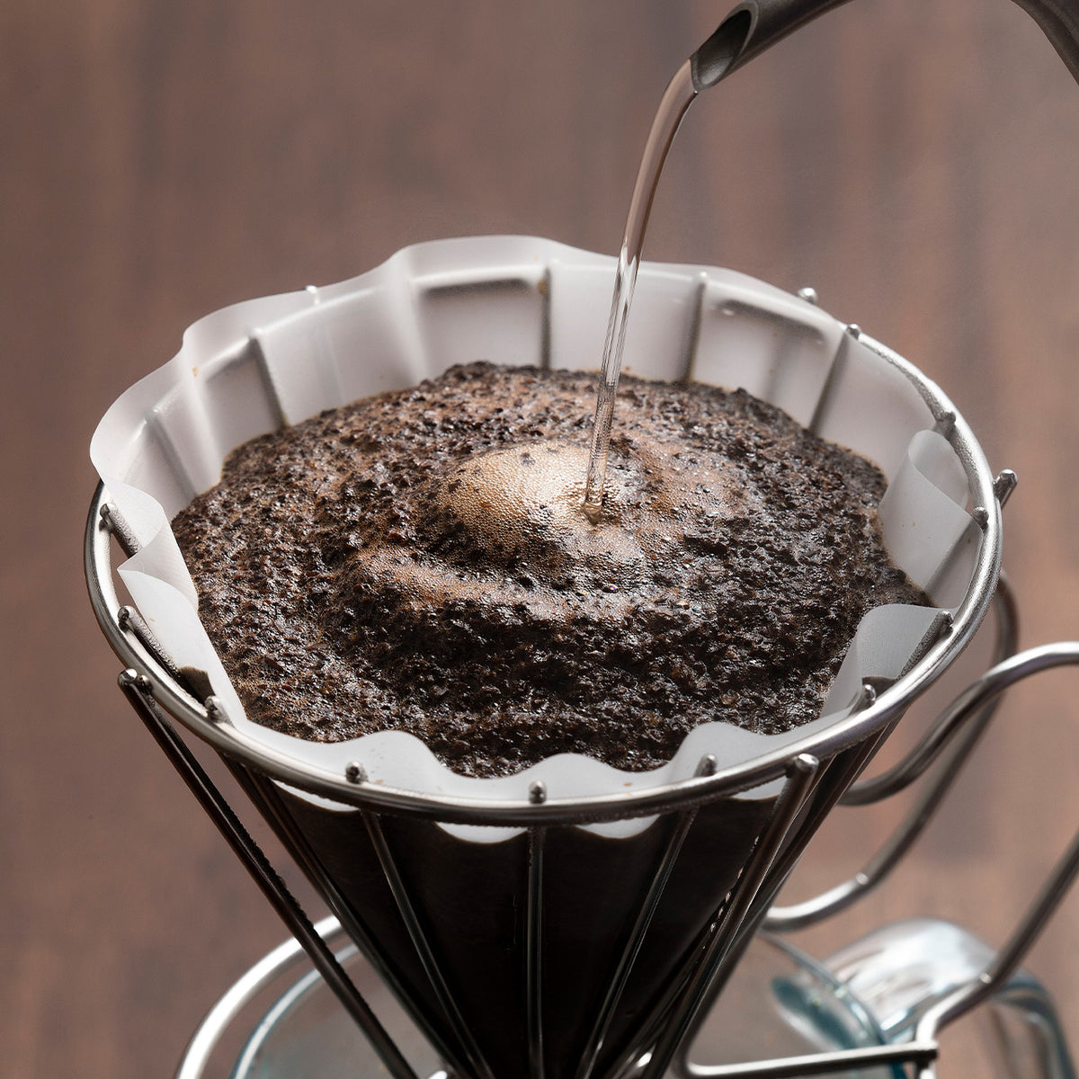 Coffee grounds blooming in a paper filter on the wire dripper