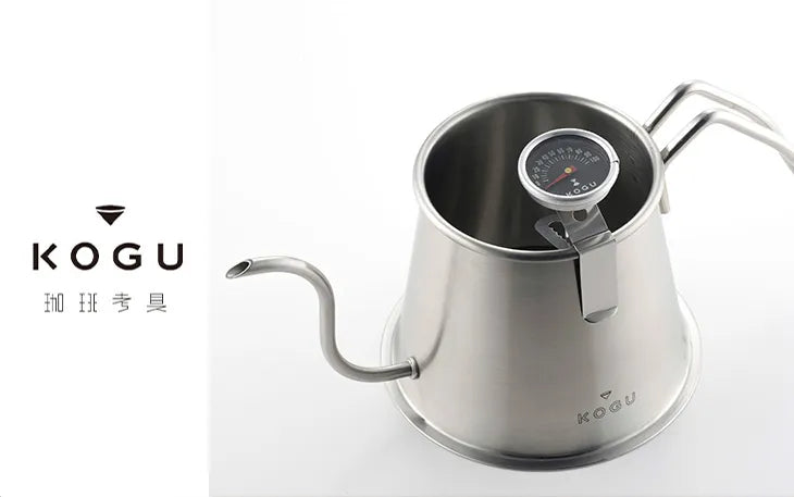 Thermometer set in the lid of the Coffee Kogu Two Drip Pot