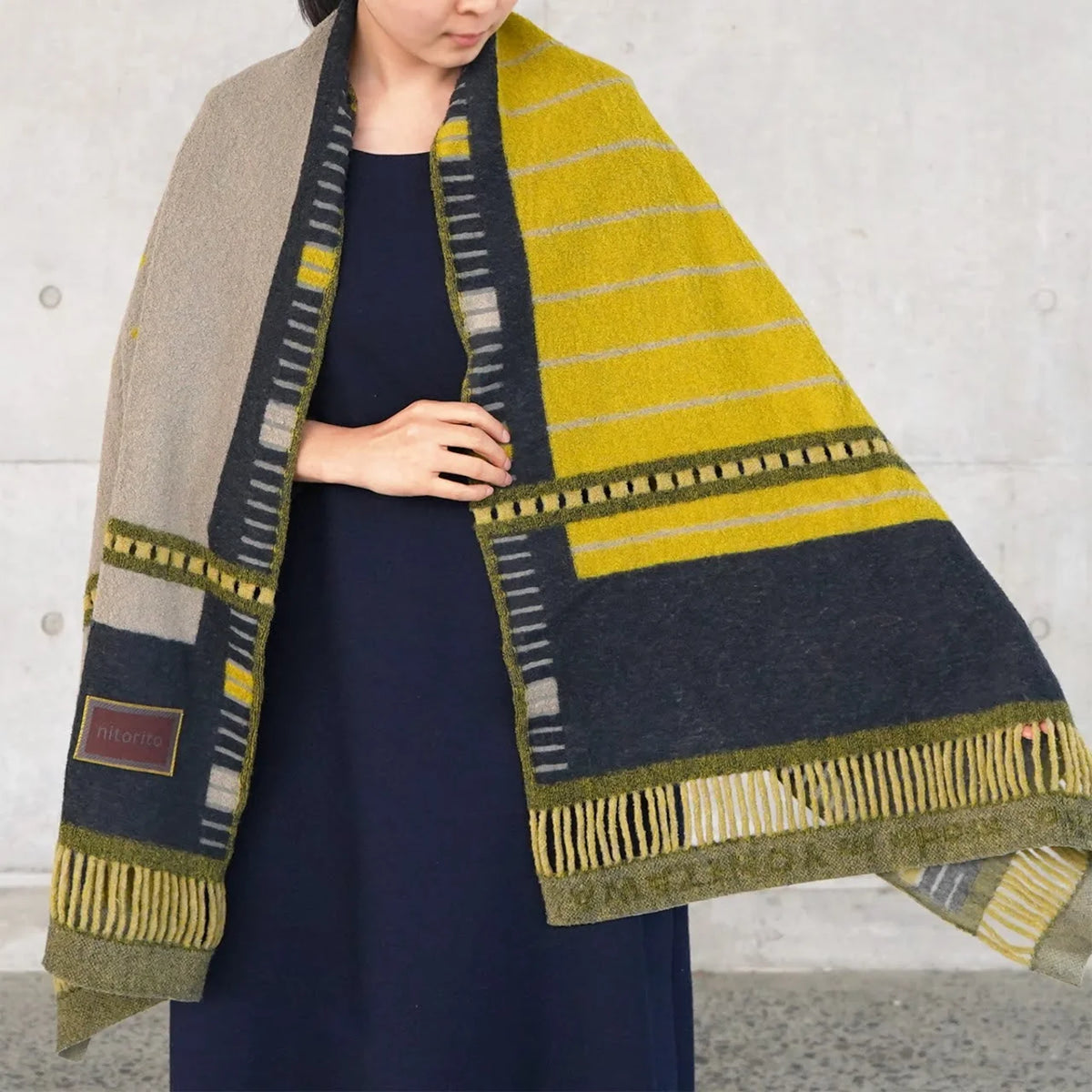 Charcoal window stole worn as a wrap, front view #Color_Charcoal