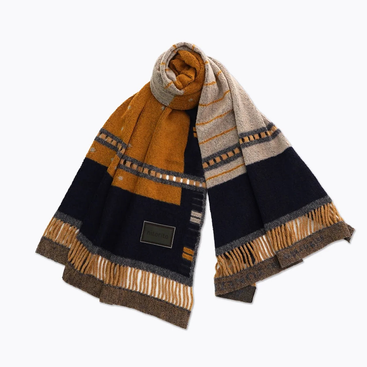 Navy window stole – orange and beige knit #Color_Navy