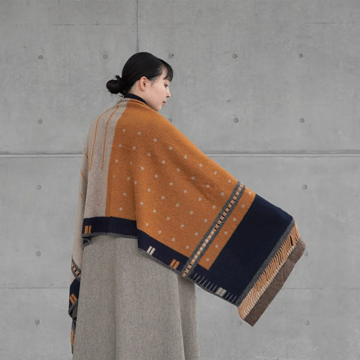 Navy window stole worn as a wrap, back view #Color_Navy