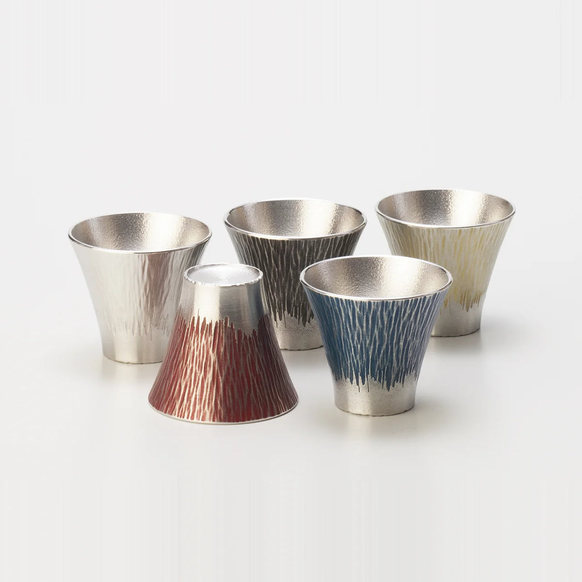 Mt. Fuji tin guinomi sake cups in five colors