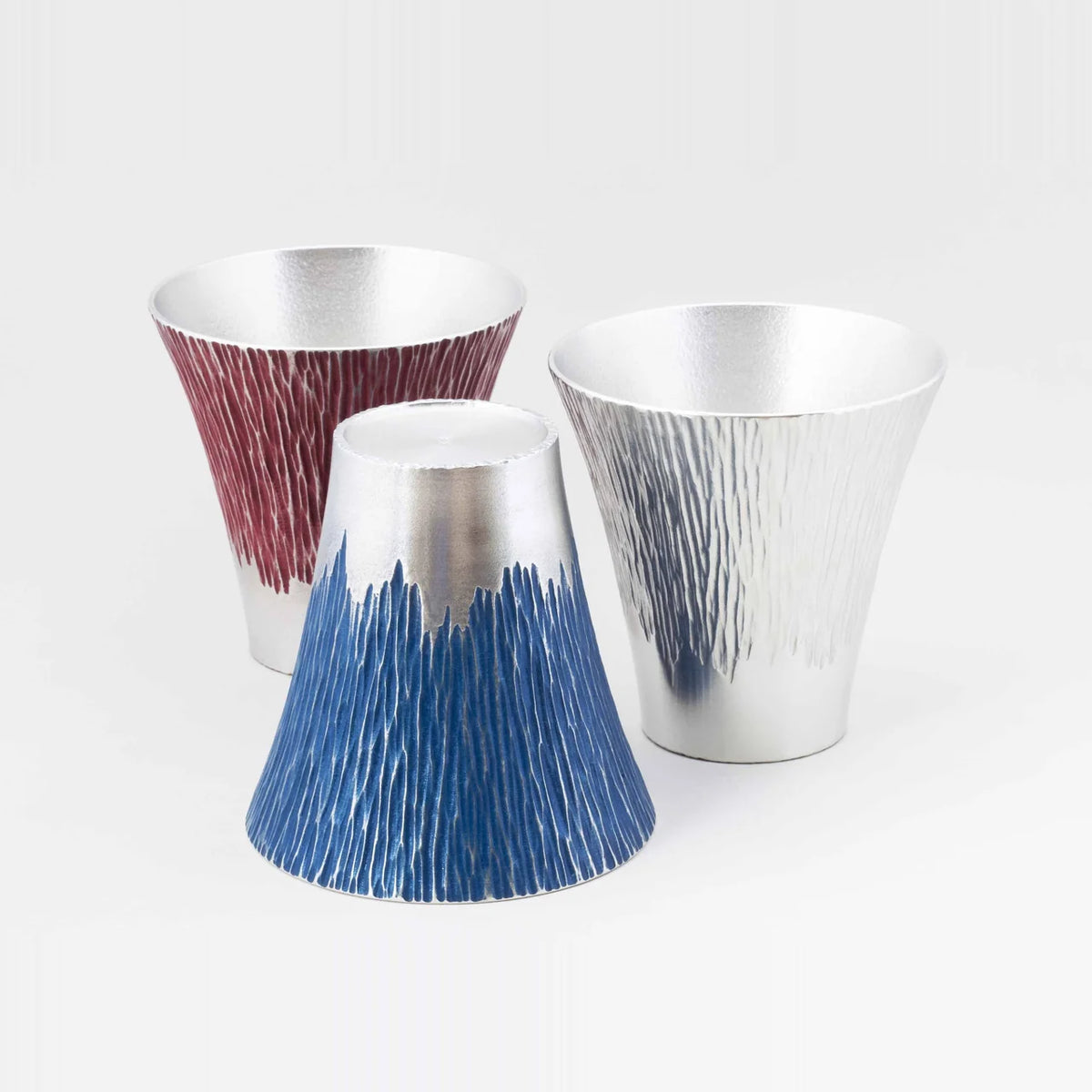 Mt. Fuji tin tumblers in red, blue and silver